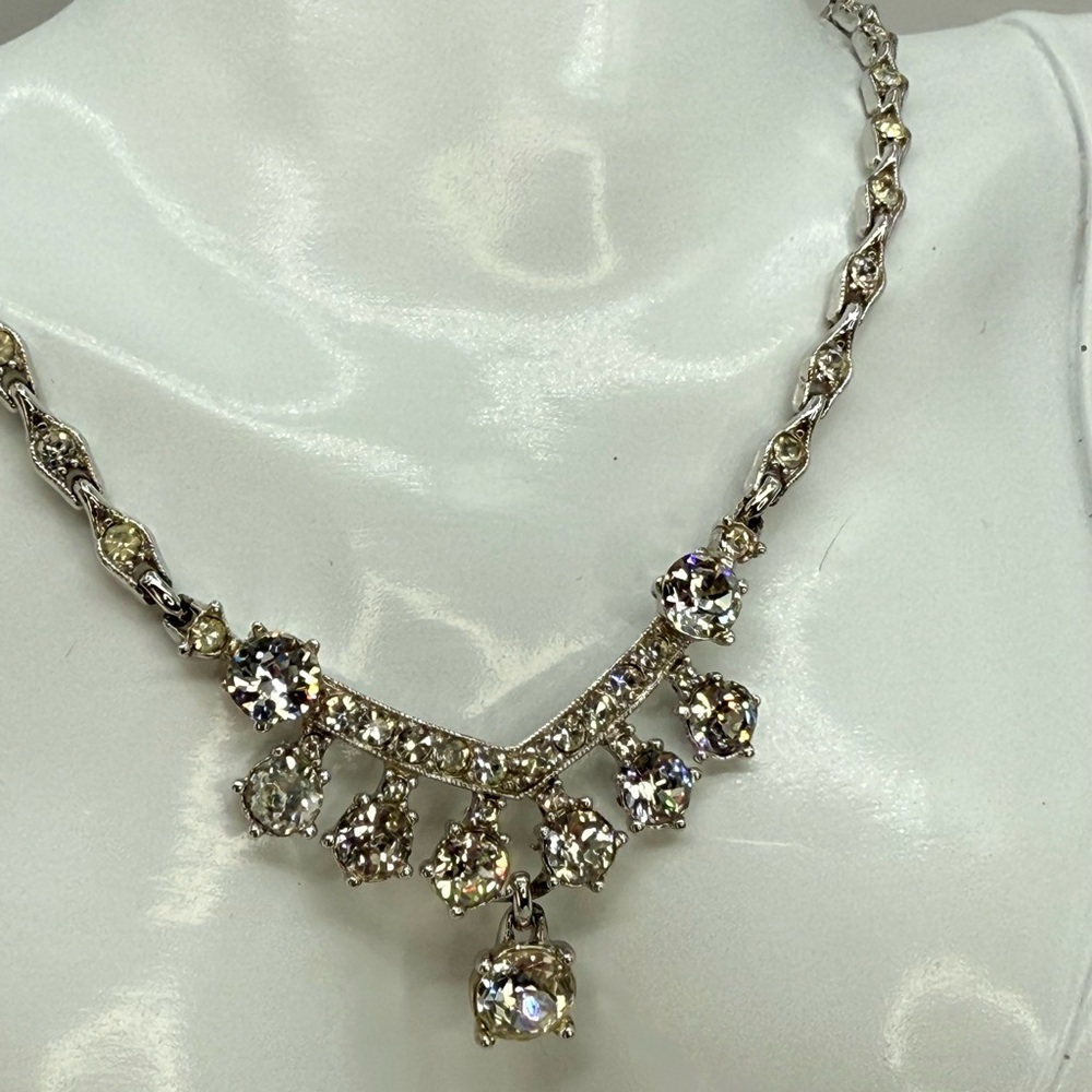Elegant Signed BOGOFF Vintage Crystal Rhinestone Silver Tone Necklace Choker 14”